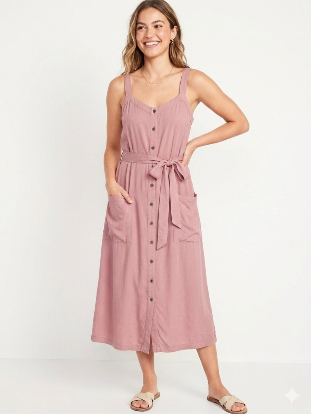 Love Tree Dusty Pink Button-Front Midii Dress with Tie Waist